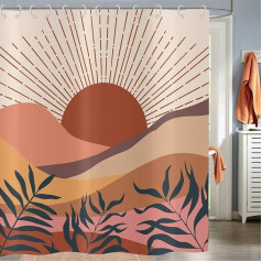 Hnmdmyi Mid Century Abstract Mountain Sunset Leaf Bath Curtain Modern Minimalist Geometric Aesthetic Art Waterproof Polyester Fabric Washable Bath Curtain 180 x 180 cm