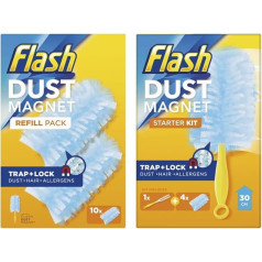 Flash 1 x Duster Magnet Duster Starter Kit 1 Handle + 14 Refills Улавливает пыль, грязь и волосы за короткое время и фиксирует пыль, грязь и волосы