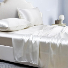 Jemiipee Fitted Sheet 3-Piece Satin Glossy Plain 90 x 190 cm for Mattresses up to 36 cm, Bed Sheet Set with Flat Sheet, Fitted Sheet, 1 Pillowcase - Ivory