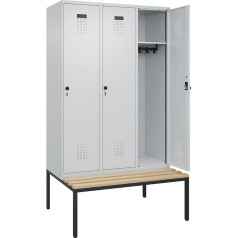 kaiserkraft | Spind Evolo Plus Sitzbank | 3 Abteile | lichtgrau/lichtgrau | B 1200 mm | Sicherheits-Drehriegel | mit untergebauter Sitzbank | Buche