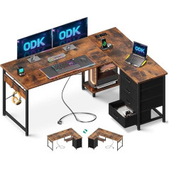 ODK Стол с ящиками, L-образный стол с розетками и USB-портом для зарядки, двусторонний стол с местом для хранения для домашнего офиса, винтажный