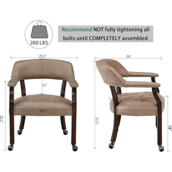 Leemtorig Большие обеденные стулья с колесами и подлокотниками, обеденные стулья на роликах, акцентные деревянные стулья, 26