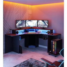Forte Tezaur Угловой стол для геймеров с RGB-подсветкой, деревянный композит, матовый черный, Ш x В x Г: 160 x 91 x 160 см