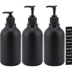 Segbeauty Matt Dispenser, Pack of 3, 500 ml, Black Soap Dispenser Set for Lotion, Shampoo, Shower Gel, Detergent Dispenser for Filling with Labels, Refillable Plastic Bottle for Kitchen, Bathroom,