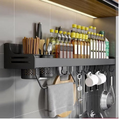 Настенная полка для специй, подвесная, без сверления, кухонная полка-органайзер с подвижными крючками и 2 держателями для посуды, держателе