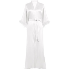 Prodesign Женский Халат Длинный Атласный Халат Кимоно Халат Неглиже 3/4 Рукава Перо Loungewear Сон Халат Женская Спальная Одежда, Белый