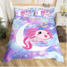 Loussiesd Kawaii Axolotl Bed Set Cartoon Axolotl Pink Purple Galaxy Bed Linen Set 135 x 200 cm 3D Animals Duvet Cover Set for Children Boys Girls Microfibre Salamander Room Decoration