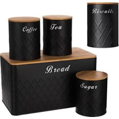 Черный контейнер для хлеба и контейнеры - бочонок для чая-кофе-сахара-печенья и круглое стекло с герметичными бамбуковыми крышками, стильн