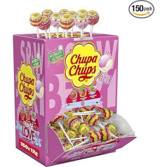 Chupa Chups Lollis Strawberry Lover, дисплей со 150 фруктовыми и сливочными клубничными леденцами, подходит для киоска, кэнди-бара, дня рождения, 150 x 12 г