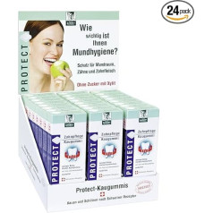 Жевательная резинка Baders Protect Dental Care из аптеки. Дисплей с 24 упаковками. 20 квадратиков жевательной резинки в упаковке. Без сахара с ксилитом. PZ