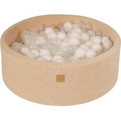 MeowBaby Ball Pit - круглый детский бассейн 90 х 30 см с 200 шариками, бархат, экрю: Белый / Прозрачный