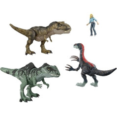 Jurassic World HJK02 - Мир Юрского периода: Эпический боевой набор нового века, 3 аутентичные фигурки динозавров и 1 фигурка человека, физические и ци