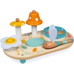 Janod - Чистый музыкальный столик с 5 функциями - Детский деревянный игровой столик - Музыкальная деревянная игрушка - С тарелками, колокольчик