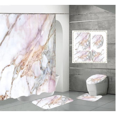 YULUOSHA 4-Piece Marble Texture Shower Curtain Set with Non-Slip Rugs, Toilet Lid Cover and Bath Mat, Natural Marble Abstract Shower Curtain, Bathroom Decor with Hooks, White Pink Grey