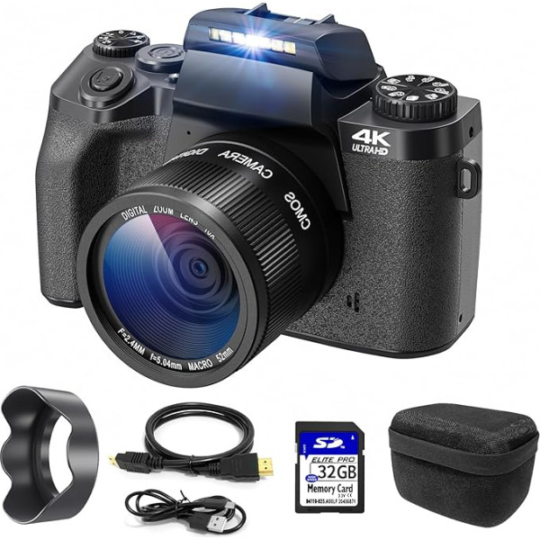 Цифровая камера 4K, CCN 64MP фотокамера с 3,0 дюймовым сенсорным экраном, 16X цифровой зум Компактная камера с функцией WiFi, с сумкой, блендой, 32GB TF Car