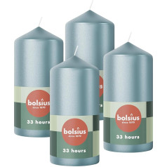 Свечи Bolsius Smooth Pillar Candles - Metallic Blue - Pack of 4 - 12 x 6 cm - Декоративные бытовые свечи - Время горения 33 часа - Без аромата - Содержит натуральный растите