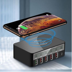 Cuifati 40W 6-Port USB Charger Fast Charging Station Wireless USB Charger Multi-Port USB Hub with IC Detection/Smart Shunt/LCD Digital Display, for Laptops, Tablets and Phones (Black EU)