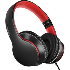 LORELEI X6 Over-Ear Headphones with Microphone, Lightweight Foldable & Portable Stereo Bass Headphones with 1.45 m No-Tangle, Wired Headphones for Smartphone Tablet MP3 / 4 (Black-Red)