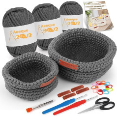 Aeeque 2 x Baskets Crochet Set, Square Crochet Baskets Crochet Set with German Instructions for Adults, Crochet for Baskets, DIY, Textile Yarn for Crochet Bag, Complete Crochet Kit with Accessories,