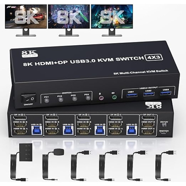 8K@60Hz Displayport +2 HDMI USB 3.0 KVM-переключатель 3 монитора 4 компьютера DP 1.4 + HDMI 2.1 4-портовый KVM-переключатель тройной монитор с выходом для аудиомикроф