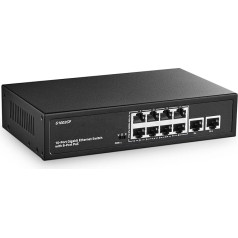 10-портовый гигабитный PoE-коммутатор, 8 портов PoE+ и 2 Uplink, 10/100/1000 Мбит/с, IEEE802.3af/at Max 120 Вт, безвентиляторный неуправляемый коммутатор Plug & Play Ethernet