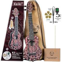 Ortega Guitars Soprano Super Scale Ukulele Acoustic - Keiki K2 Series - Includes Accessories - Agathis, ABS, Red Kaleidoscope (K2SS-RKC)