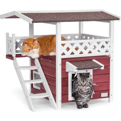 Домик для кошек Petsfit из цельного дерева, открытый погодоустойчивый домик для кошек с асфальтовой крышей, зимний с патио и лестницей, красны