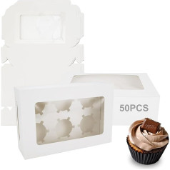 SHUESS 50 белых коробок для кексов с 6 отверстиями и прозрачным окном, 24 x 16 x 7,5 см, коробка для десертов со съемными вставками, идеально подходит 
