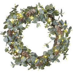 Эвкалипт и сосновые шишки 40 см Зеленый светящийся дверной венок