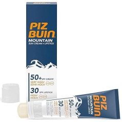 PIZ BUIN Mountain 2-в-1 Солнцезащитный крем SPF 50+ (20 мл) и бальзам для губ SPF 30 (2,3 мл) Увлажняющая защита от солнца специально для лыж и походов, защищает