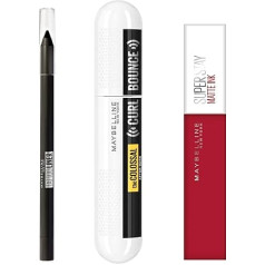 Maybelline New York Набор для водостойкого макияжа, тушь Curl Bounce, гелевая ручка Tattoo Liner и помада Superstay Mate Ink, на всю ночь, 5 штук