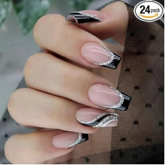 24 Шт. Короткие Ложные Ногти Французские Кружева Квадратные Ногти Черный Наконечник Пресс На Ногтях Съемный Клей Ногтей Ложные Ногти Женщи
