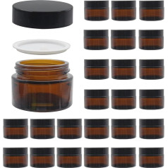 BPFY 24pcs 28g Round Amber Glass Cosmetic Jars with Lining and Black Lids Travel Jars Refillable Containers for Makeup Cream Lotion Paint Jewelry, Black