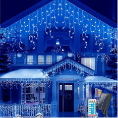 SUAVER Solar Fairy Lights 300 LED Light Curtain Outdoor 32.8 ft Icicle Fairy Lights with Remote Control 8 Modes Waterproof 60 Strands Hanging Decoration Patio Light Christmas Lighting (Blue)