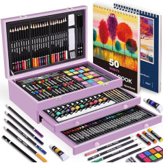 Premium Painting Case Deluxe 175-Piece Painting Set in Wooden Case with Acrylic Paints, Watercolours, Wax Crayons, Colouring Pencils, Professional Art Set, Art Supplies Gift for Children Beginners,