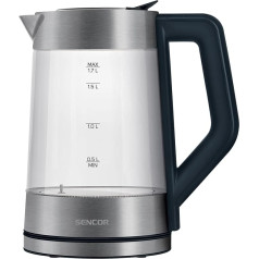 Стеклянный чайник Sencor SWK 1795SS объемом 1,7 л и мощностью 2200 Вт, нержавеющая сталь, внутренняя подсветка, 100% без бисфенола, контроль температуры 