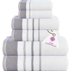 Casa Copenhagen White Bay 600gsm Egyptian Cotton Towel for Hotel, Spa, Kitchen and Bathroom, 6 Piece Set with 2 Bath, 2 Hands, 2 Wash Cloths - White with Dark Grey and Light Grey Trimits