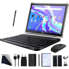 2025 Новейший Планшет 10 Дюймов, 3-в-1 Android Планшет с Клавиатура Мышь Перо, 4G LTE Планшеты с 2 SIM 1 SD, 64GB ROM 512GB TF Octa-Core 1080P FHD 13MP 6000mAh Bluetooth WLAN GPS Type C Черный