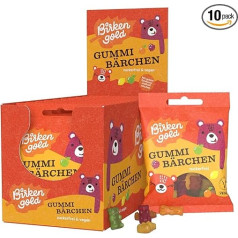 Birkengold Gummy Bears без сахара, 10 x 50 г, веганские, без желатина, подслащены мальтитолом и ксилитом, винная жвачка, без сахара, натуральные ингредиен