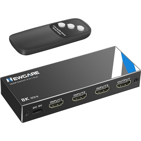 NEWCARE HDMI 2.1 Switch 3 in 1 Out, 8K @ 60Hz HDMI Switch with Remote Control, 4K @ 120Hz HDMI Splitter 3 in 1 Out Supports 48Gbps, Dolby Atmos, HDR 10+. Автоматический HDMI-переключатель для PS5/4 Blu-Ray плеера