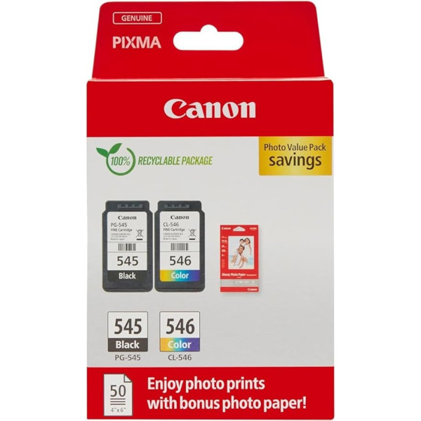 Canon Tinte & Papier Multipack - PG-545/CL-546 Original Drucker-Tintenpatronen 2er-Pack (1 x Schwarz, 1 x Farbe) & 4x6 Fotopapier (50 x Blatt) - Kompatibel PIXMA Druckern