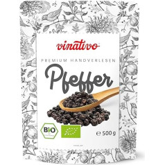 vinativo Black Pepper Organic - Whole - 500g - Organic Quality - Black Peppercorns Suitable for the Mill