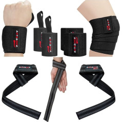 ANTEROOF Wrist Wraps + Knee Wraps + Weightlifting Straps Bundle (5 Pairs) for Weightlifting, Bodybuilding, Strength Training, Workout Gym, Fitness Protection Set for Men and Women