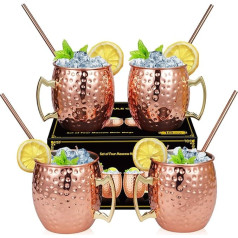 Набор из 4 медных стаканов Moscow Mule, включая 4 соломинки, медные стаканы Moscow Mule Cups 530 мл для коктейлей, джина, пива, питья, подарочный набор для б