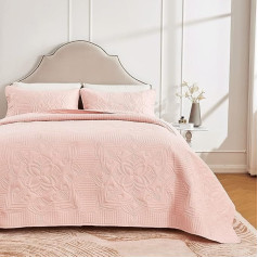 Beeweed Bedspread Bed Throw 240 x 260 см Pink, покрывала из микрофибры, одеяло, легкое, сшитое ультразвуком, с 2 наволочками, цветочный узор