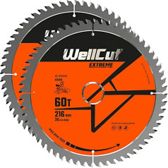 TCT Extreme Gehrungssägetisch, Sägeblatt 216 мм x 30 мм, Holzsägeblatt, geeignet für LS0815, DWS777, KGS216 (Packung mit 2, 60 Zähne blatt), WELLCUT