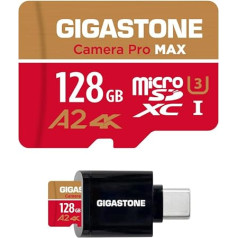 [5 лет бесплатного восстановления данных] GIGASTONE 128GB Micro SD Card с USB 3.2 Type C Card Reader, 4K Camera Pro MAX, A2 V30 MicroSDXC Memory Card for GoPro, 4K UHD Video, up to 120/80MB/s