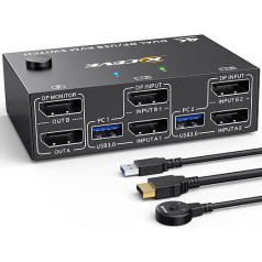KVM-переключатель 2 ПК 2 монитора 8K @ 30 Гц 4K @ 144 Гц, двухмониторный KVM-переключатель DisplayPort для 2 ПК, 2 мониторов и 4 устройств USB 3.0, поддержка расши