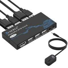 TCNEWCL DP KVM-переключатель 2 порта, 4K 60 Гц DisplayPort KVM-переключатель для 2 ПК 1 монитор + 3 устройства USB2.0, DP 1.2 переключатель для ноутбука, ПК, Xbox HDTV, с 2 