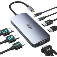Док-станция USB C Dual Display Ports 8 in 1 USB C Dock Multiport Adapter with 4K HDMI, 2 x 4K DP, 1080P VGA, 2 x USB 2.0, USB C Data, 100W PD 3.0, Laptop Multi Monitors Docking Station for Dell HP